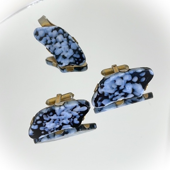 💕Beautiful Vintage Snowflake Obsidian Cufflinks & Tie Clip Set💕 - Picture 5 of 6